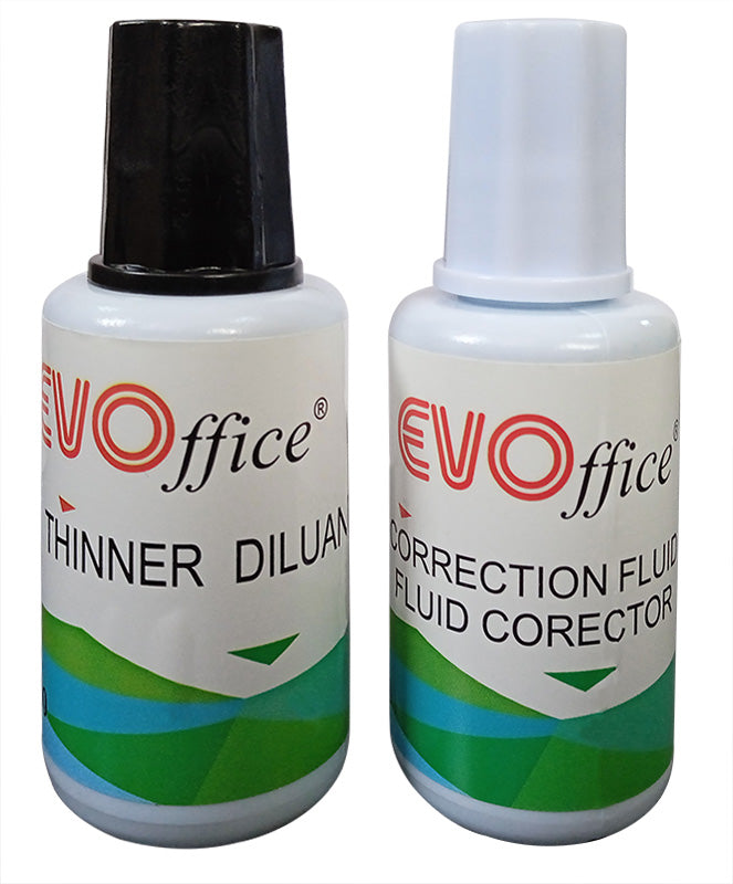 Set Evoffice compus din fluid corector pe baza de solvent 20ml cu pensula si diluant pentru prelungirea utilizarii