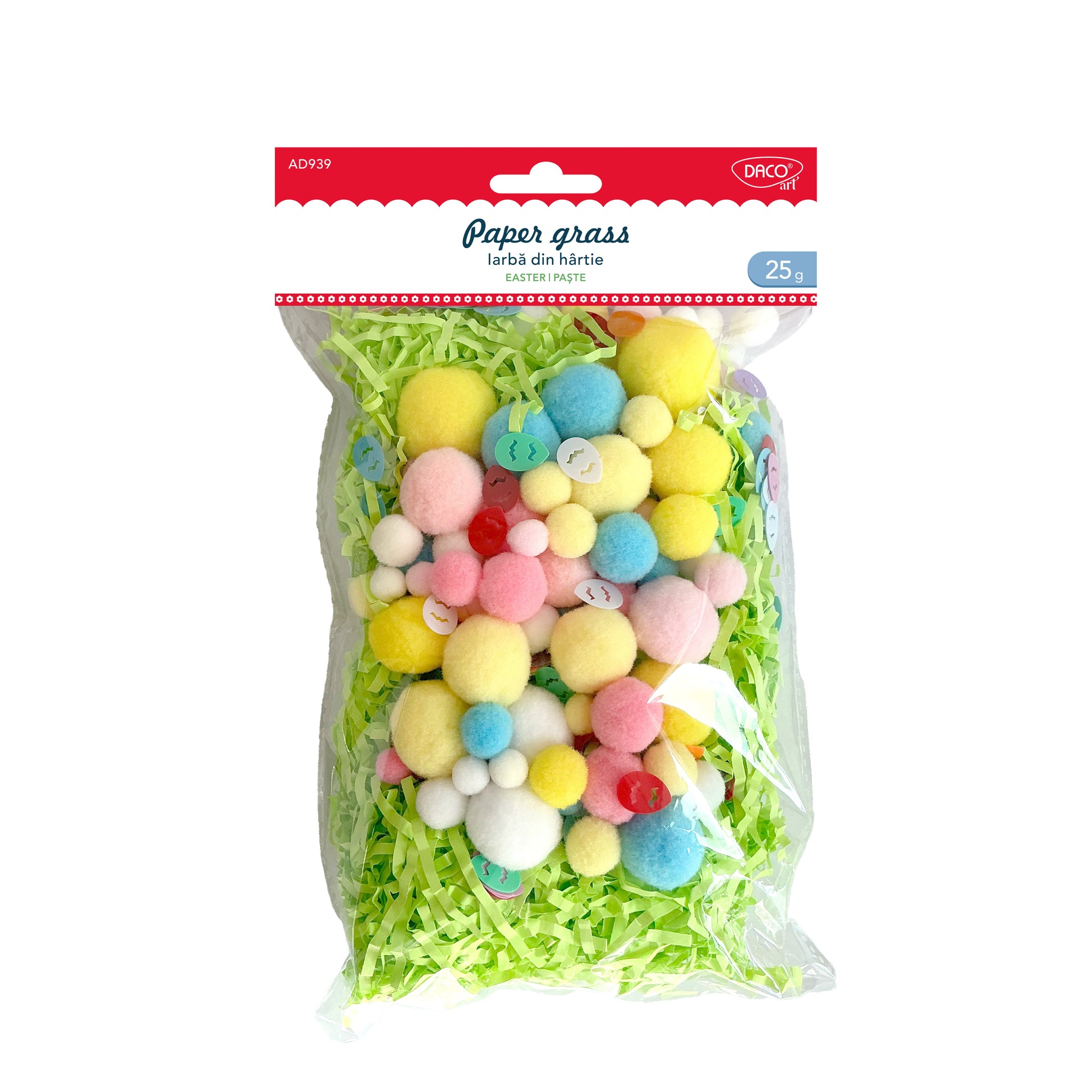 Iarbă decorativă din hârtie verde Daco (25g) cu mix de confeti și pom-pom-uri, ideală pentru coșuri de Paște, scrapbooking și aranjamente festive handmade