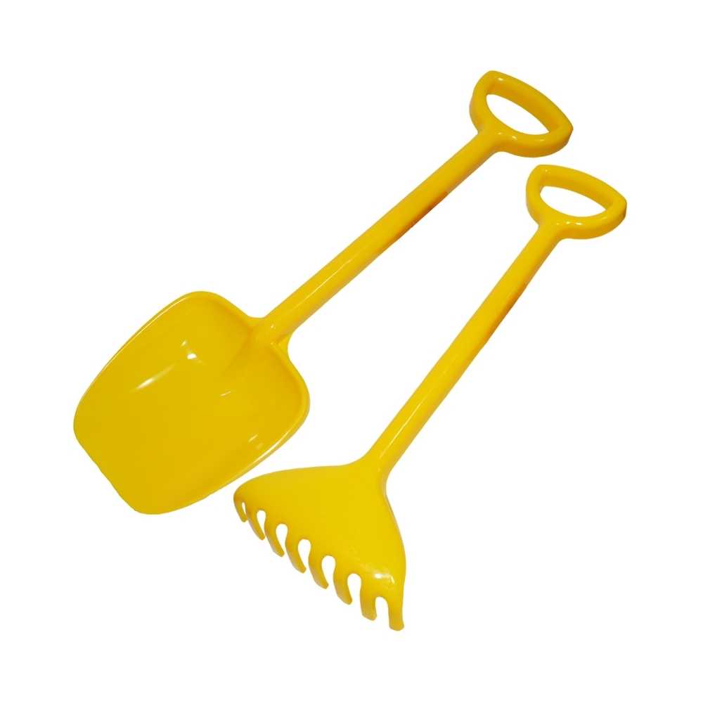 Set de unelte pentru copii ROBENTOYS, conține lopată și greblă galbene, din plastic rezistent, ideal pentru jocul în nisip sau grădinărit.