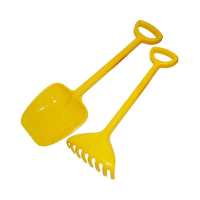 Set de unelte pentru copii ROBENTOYS, conține lopată și greblă galbene, din plastic rezistent, ideal pentru jocul în nisip sau grădinărit.