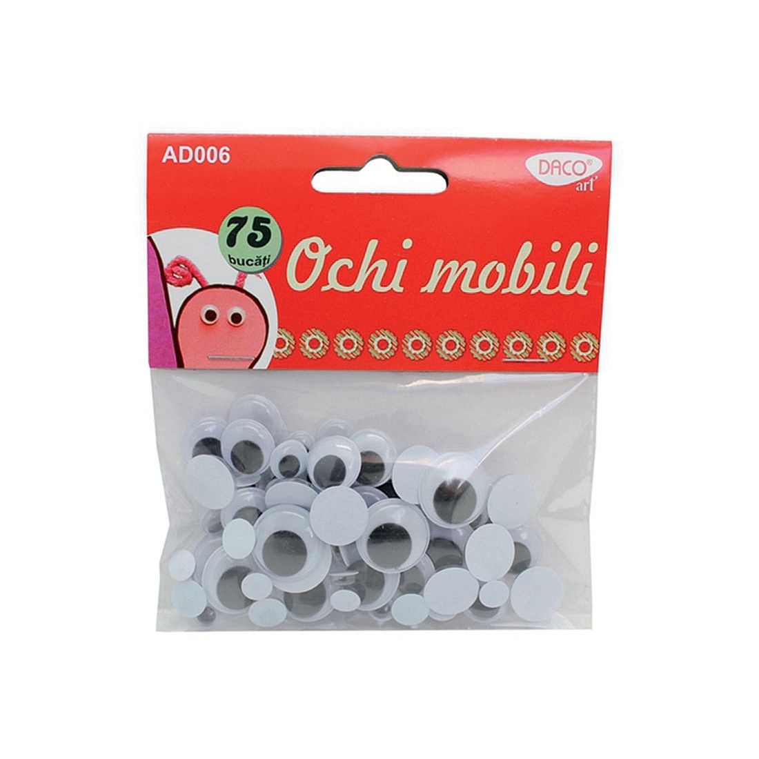 Set de 75 de ochi mobili din plastic Dacoart în 4 dimensiuni, ideali pentru decorarea jucăriilor și proiectelor creative