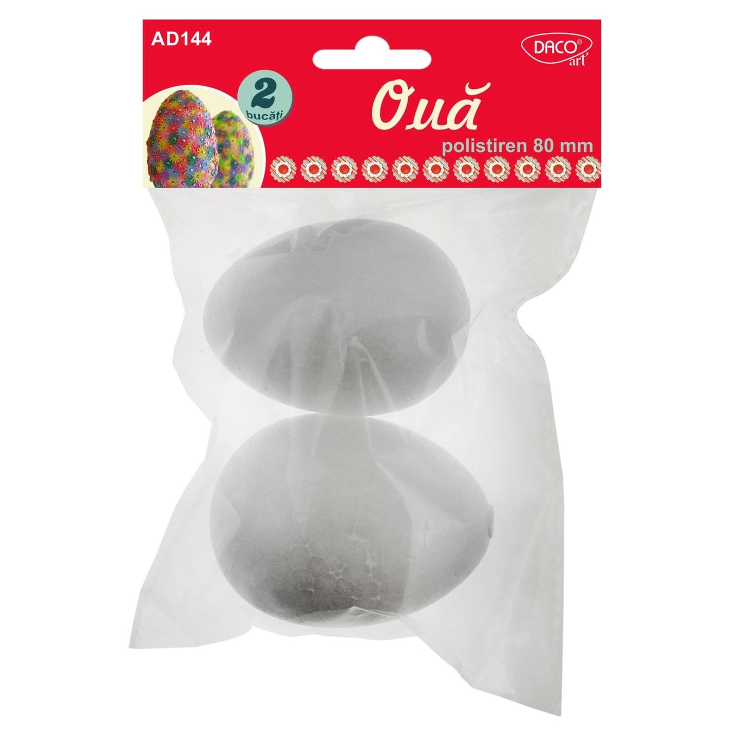 Set de 2 ouă din polistiren Dacoart de 8 cm, ideale pentru decorare, pictură și proiecte creative de Paște