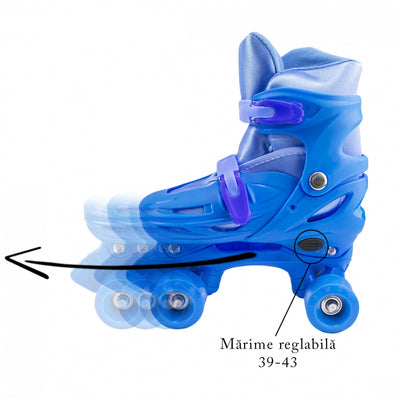 Set patine cu rotile+casca+cotiere+genunchiere, albastru, L (39-43)
