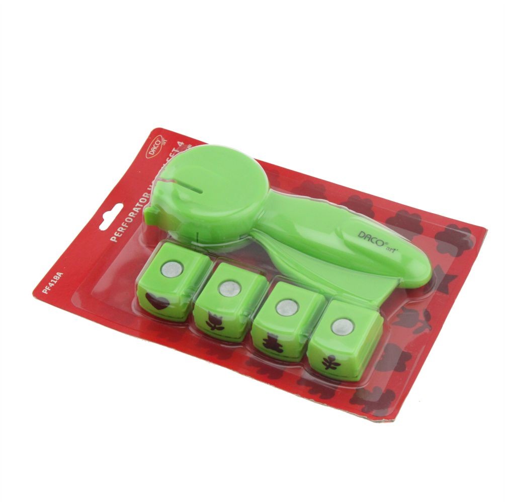 Set perforator hobby DACO model PF418A cu 4 capete interschimbabile utilizat în proiecte creative și scrapbooking.