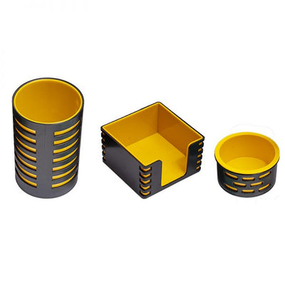 Set plastic birou tip mesh negru/galben suport instrumente de scris, cub hartie, agrafe Ark