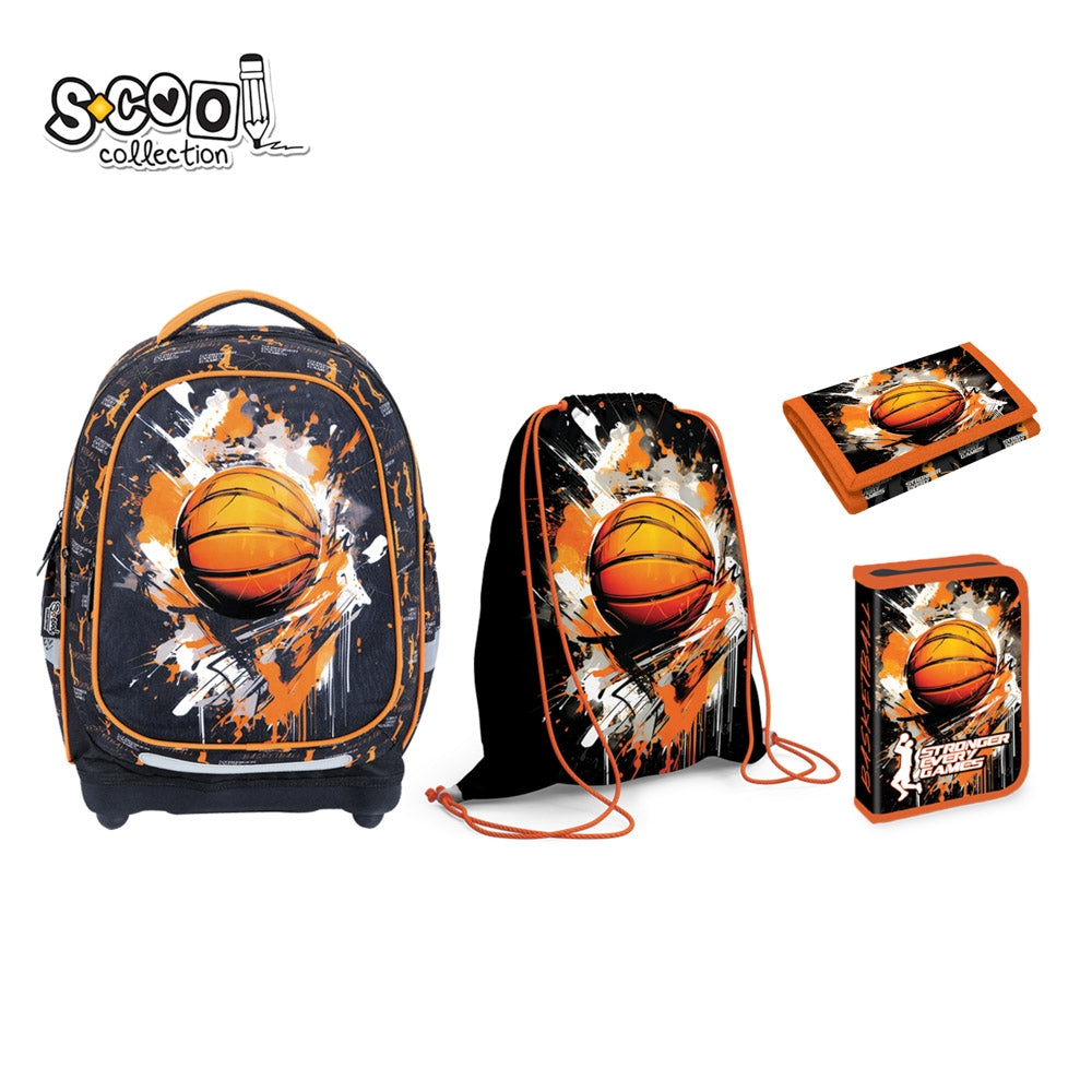 Set scolar 4 in 1 pentru baieti S-COOL Basketball cu ghiozdan anatomic baza EVA penar echipat 32 piese sac sport si portofel tematic