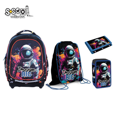 Set scolar 4 in 1 pentru baieti S-COOL model Dream Big cu ghiozdan anatomic baza EVA penar echipat 32 piese sac sport si portofel tematic