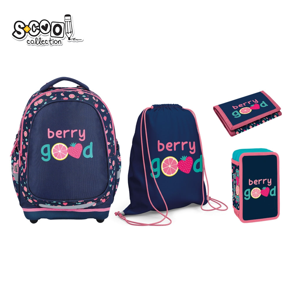 Set scolar 4 in 1 fete S-COOL Berry Good cu ghiozdan anatomic baza EVA penar triplu echipat cu sclipici sac sport si portofel roz