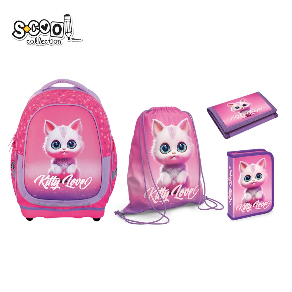 Set scolar 4 in 1 fete S-COOL Kitty Love cu ghiozdan anatomic baza EVA penar echipat cu sclipici 32 piese sac sport si portofel roz