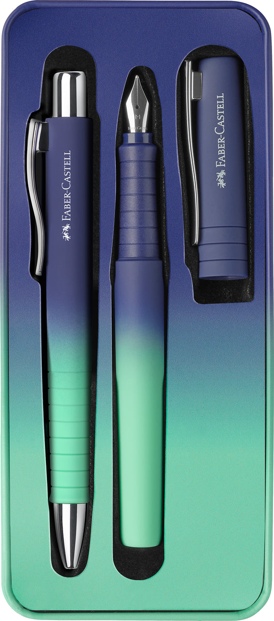Set cadou stilou și pix Faber-Castell Poly Flow albastru-turcoaz cu design gradient din plastic reciclat.