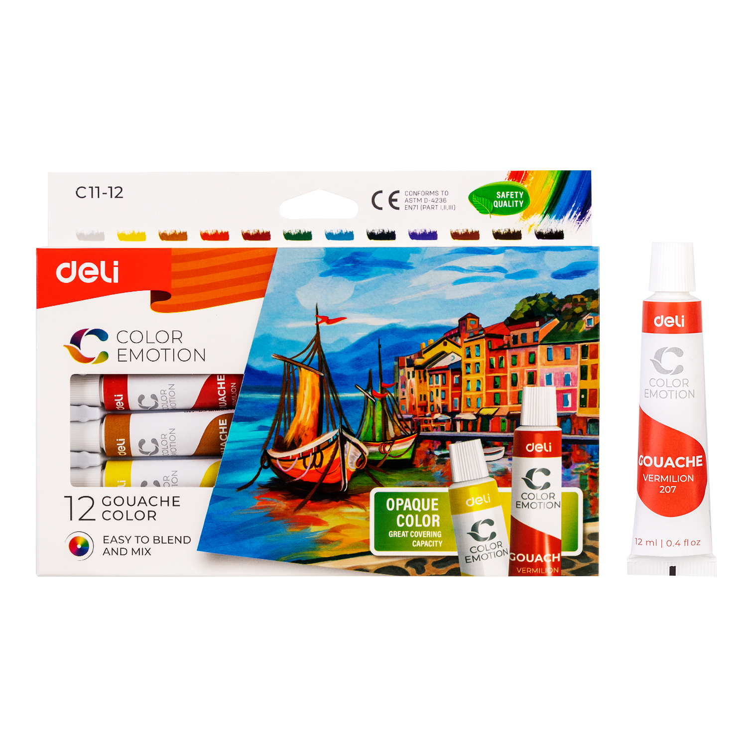 Cutie cu 12 tuburi de culori tempera Deli de 12 ml culori vibrante mate pentru pictura pe hartie si carton la scoala