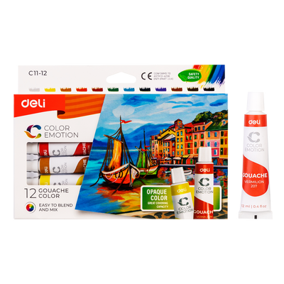 Cutie cu 12 tuburi de culori tempera Deli de 12 ml culori vibrante mate pentru pictura pe hartie si carton la scoala