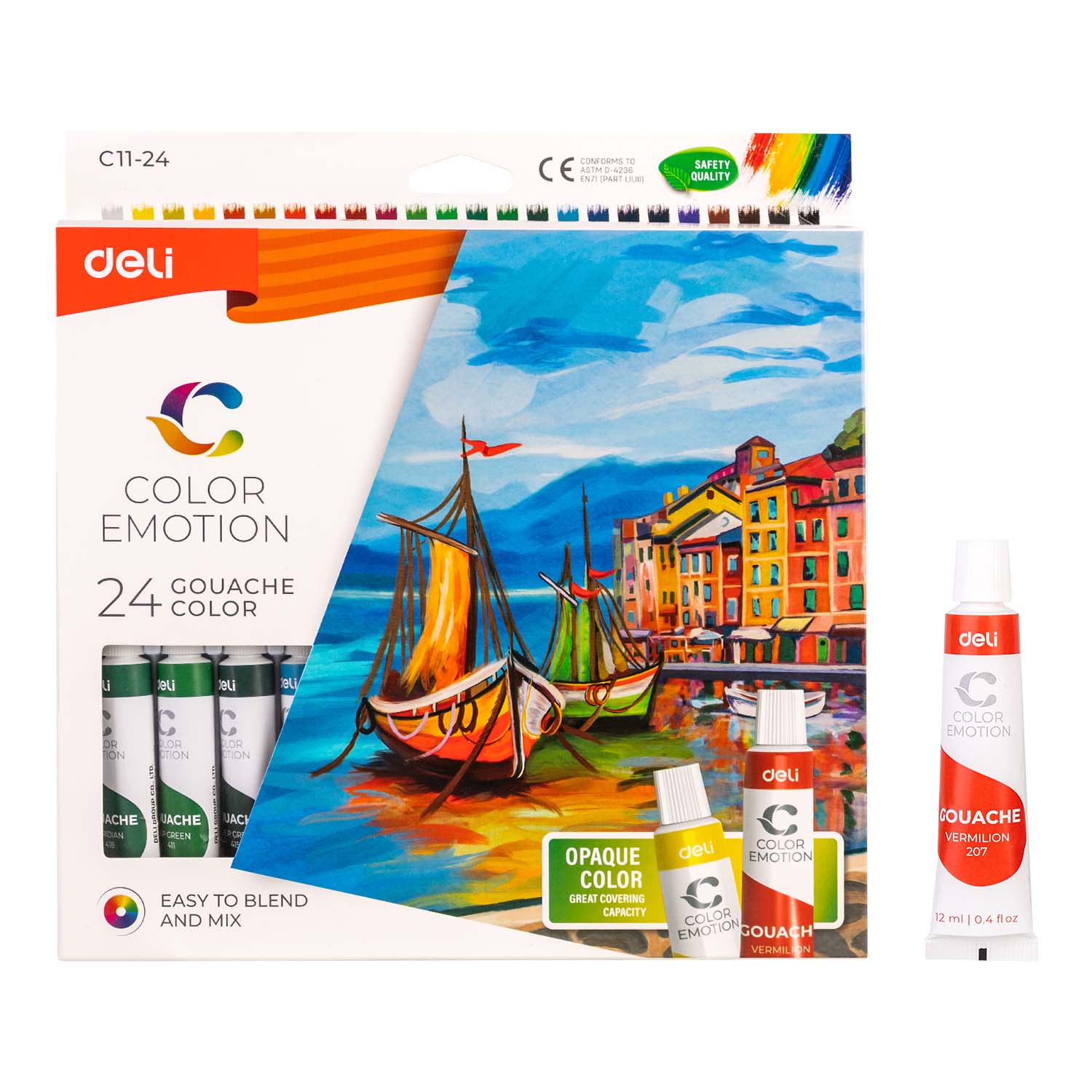 Cutie cu 24 de culori tempera Deli la tub de 12 ml culori intense si mate pentru pictura pe carton si proiecte scolare