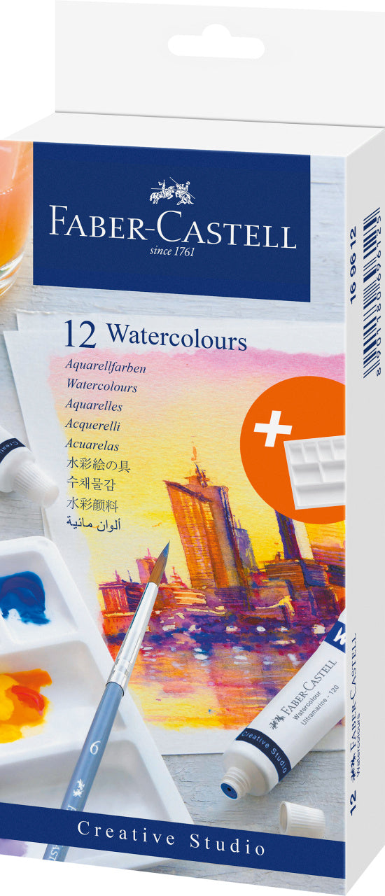 Set de 12 tuburi culori tempera Faber-Castell de 9 ml cu paleta de amestecare inclusa culori stralucitoare pentru scoala si hobby