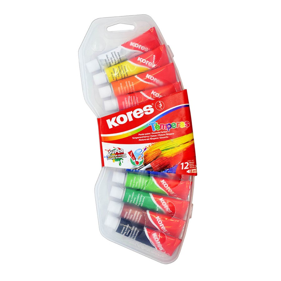 Set de 12 tuburi tempera Kores de 12 ml culori foarte pigmentate cu capac paleta pentru pictura scoala si hobby