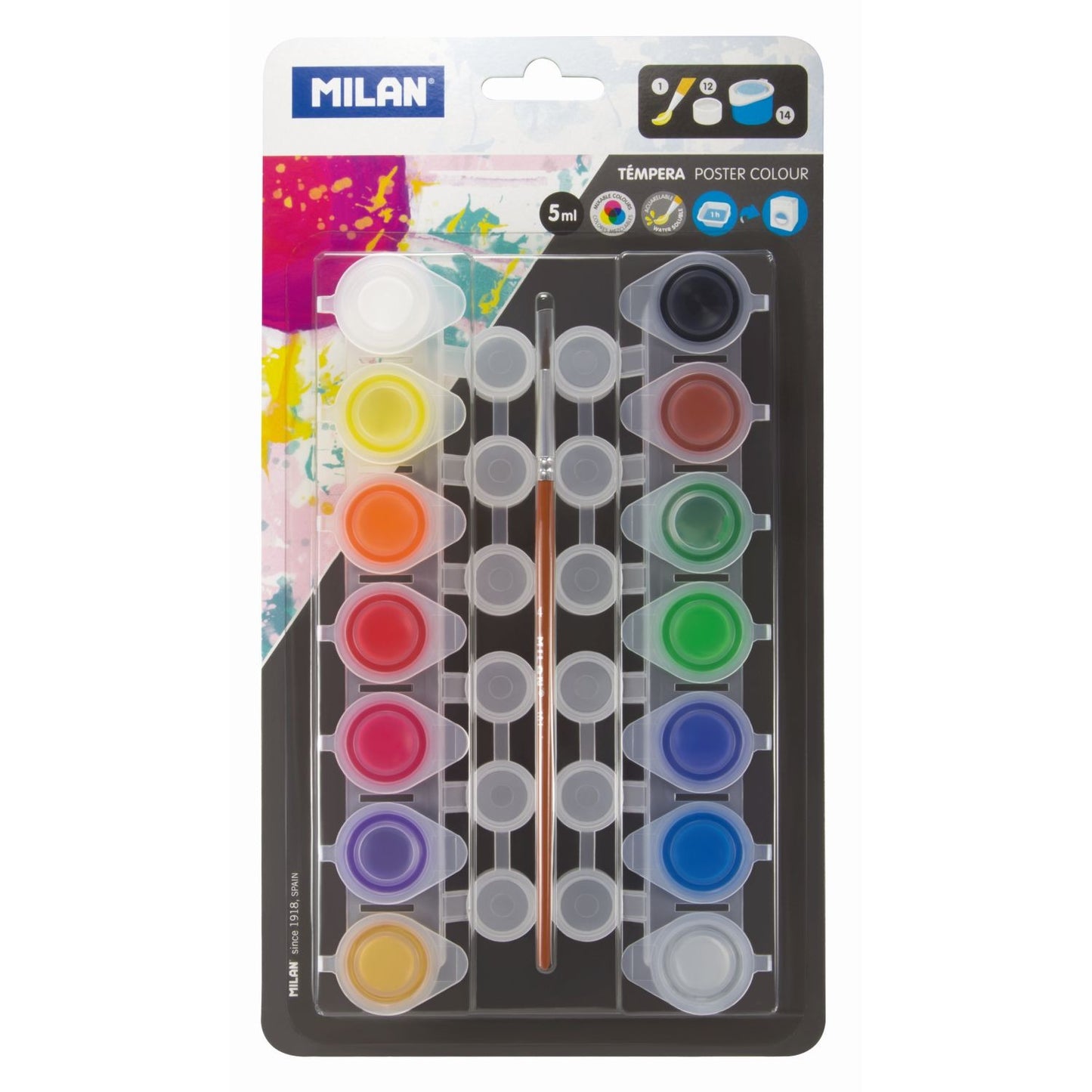 Set de 14 culori tempera MILAN Poster Colour de 5 ml cu pensula si 12 cupe pentru amestecarea culorilor ideal pentru scoala si copii