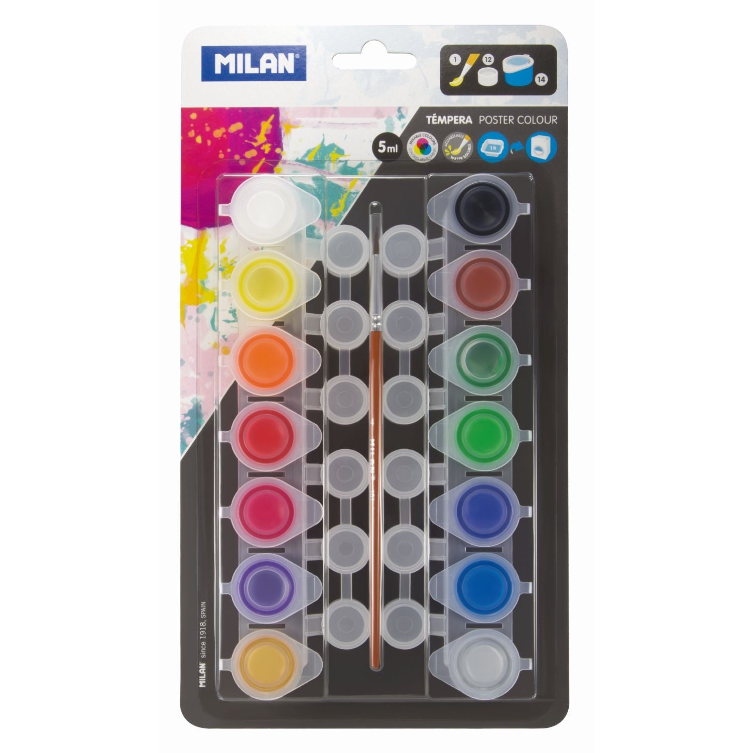 Set de 14 culori tempera MILAN Poster Colour de 5 ml cu pensula si 12 cupe pentru amestecarea culorilor ideal pentru scoala si copii