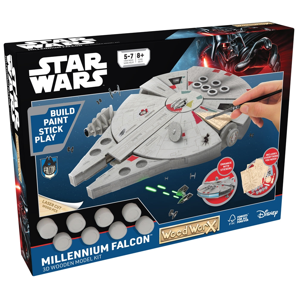 Star Wars - Macheta de asamblat, Millenium Falcon, 80+ piese din lemn - WOOD WORX