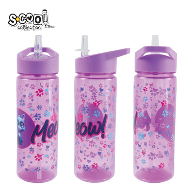 Sticla apa 600 ml, plastic, cu pai, Meow, 23x8.5x6.6 cm - S-COOL