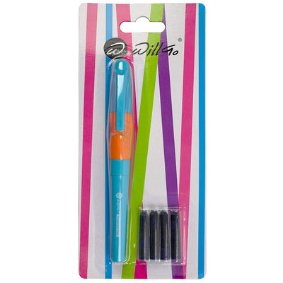 Set stilou plastic albastru rubber grip si 5 rezerve cerneala Willgo