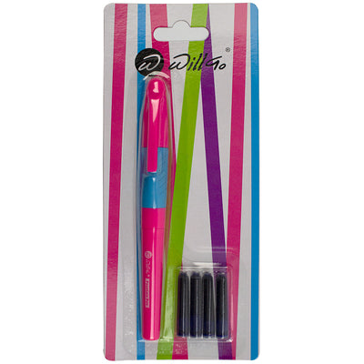 Set stilou plastic roz rubber grip si 5 rezerve cerneala Willgo