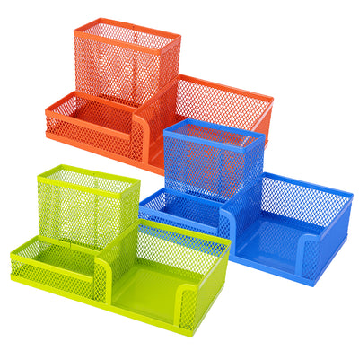 Suport de birou cu 3 compartimente din plasa metalica mesh color Deli pentru instrumente de scris.