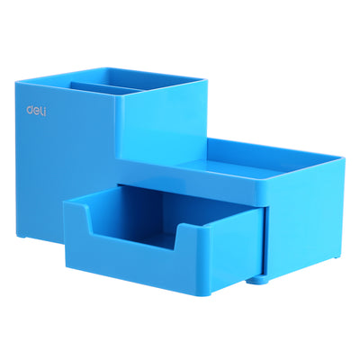 Suport de birou cu 3 compartimente și sertar bleu Deli pentru instrumente de scris