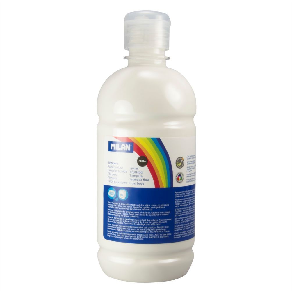 Flacon 500 ml vopsea tempera albă MILAN pentru pictură, amestecuri de culori și activități creative în școli