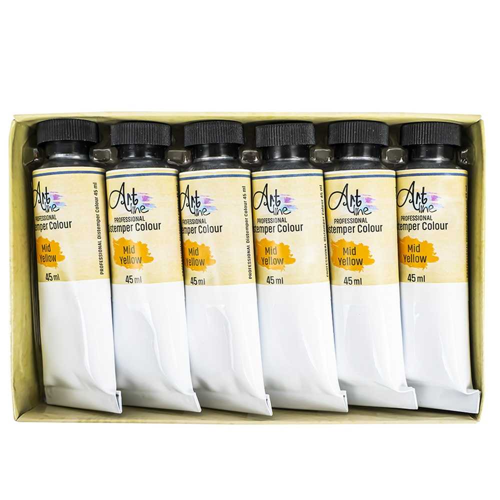 Set de 6 tuburi de tempera Artline culoare galben 45ml vopsea pe baza de apa non-toxica pentru elevi si orele de desen