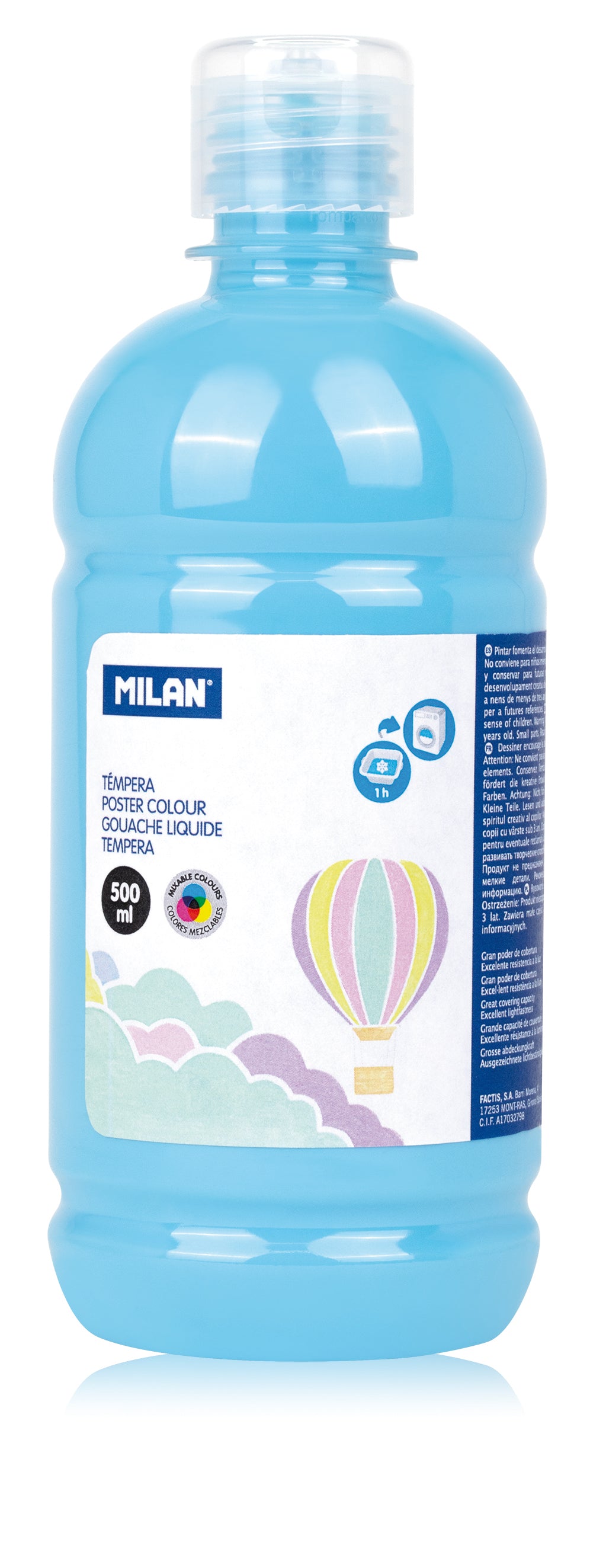 Flacon 500 ml vopsea tempera albastru deschis pastel MILAN pentru pictură școlară, finisaj mat și proiecte creative