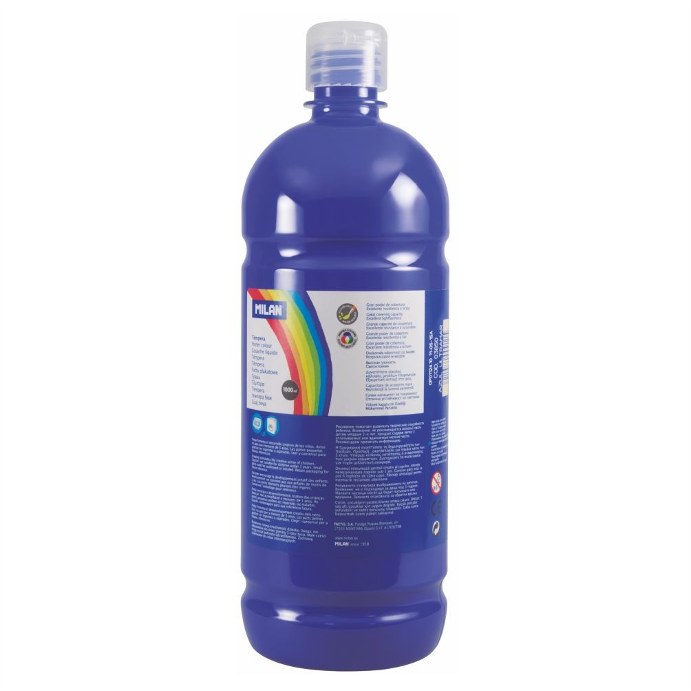 Flacon 1000 ml vopsea tempera albastru marin MILAN pentru activitati artistice, proiecte scolare si pictura pe carton