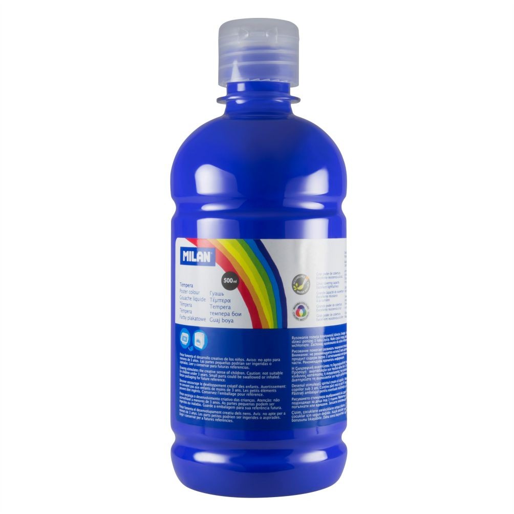 Flacon 500 ml vopsea tempera albastru marin MILAN pentru activități artistice, pictură pe carton și proiecte școlare creative