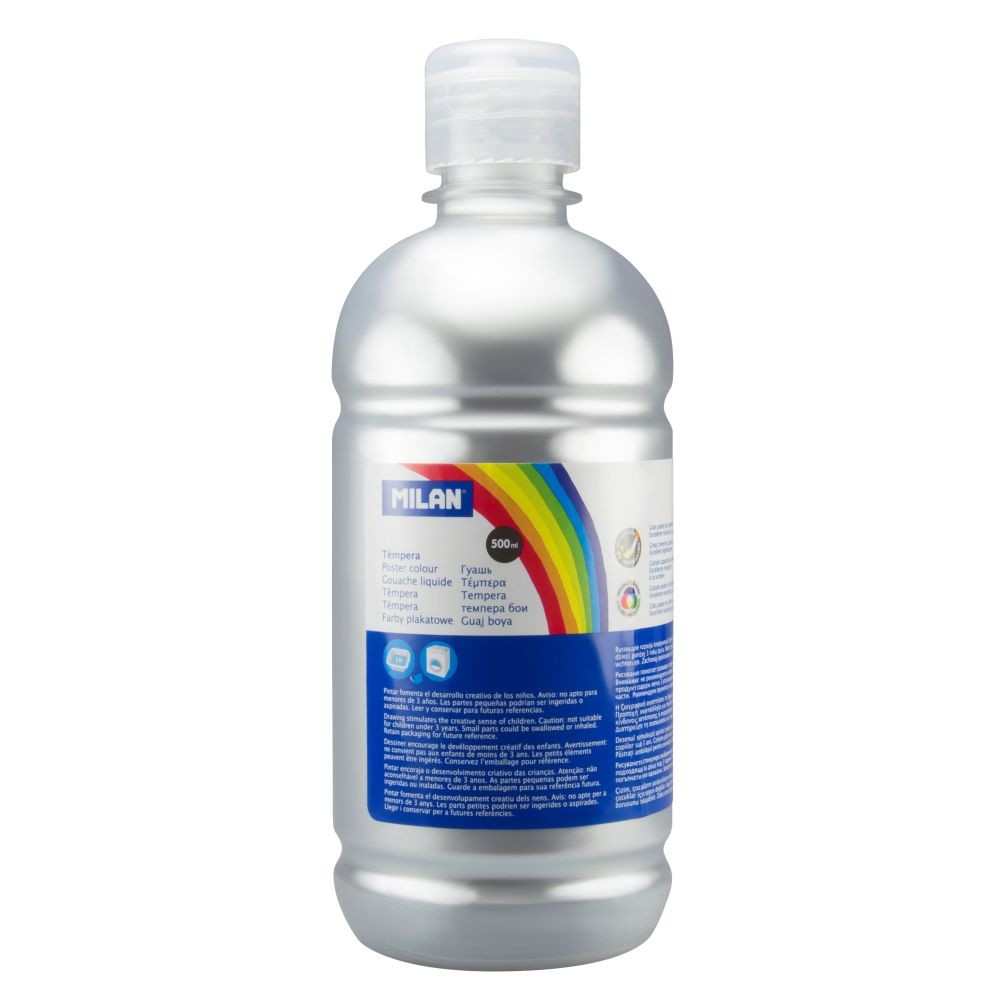 Flacon 500 ml vopsea tempera argintiu metalizat MILAN pentru accente decorative, pictură pe carton și proiecte creative strălucitoare