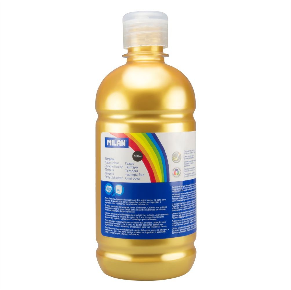 Flacon 500 ml vopsea tempera auriu metalizat MILAN pentru accente decorative, pictură pe carton și proiecte artistice strălucitoare