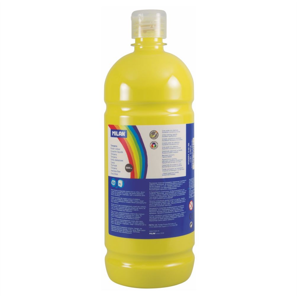 Flacon 1000 ml vopsea tempera galben MILAN pentru activitati artistice, pictura pe carton si proiecte scolare creative