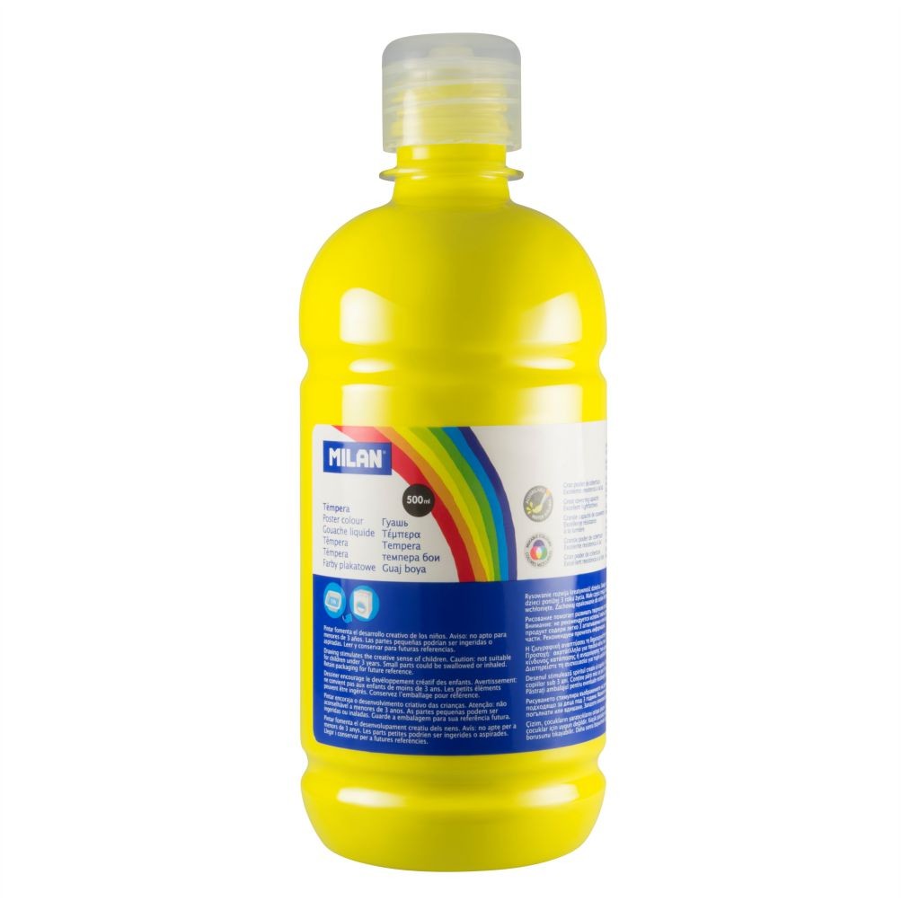 Flacon 500 ml vopsea tempera galbenă MILAN pentru activități artistice, pictură pe carton și proiecte școlare creative