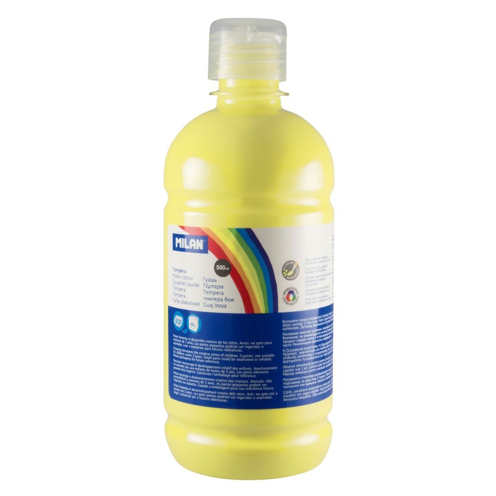 Flacon 500 ml vopsea tempera galben deschis MILAN pentru activități artistice, pictură pe carton și proiecte școlare creative