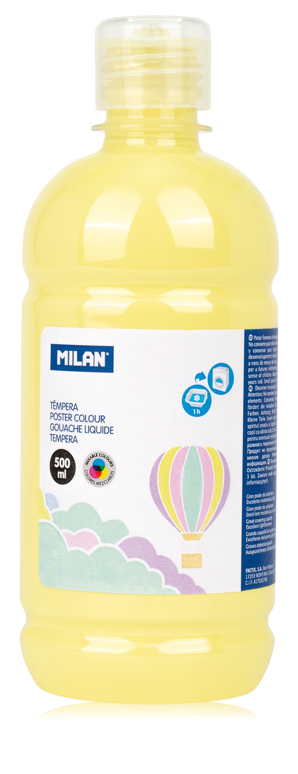 Flacon 500 ml vopsea tempera galben pastel MILAN pentru pictură școlară, fundaluri luminoase și proiecte creative de grup