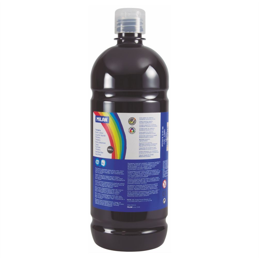 Flacon 1000 ml vopsea tempera negru MILAN pentru activități artistice, contururi clare și proiecte școlare de grup