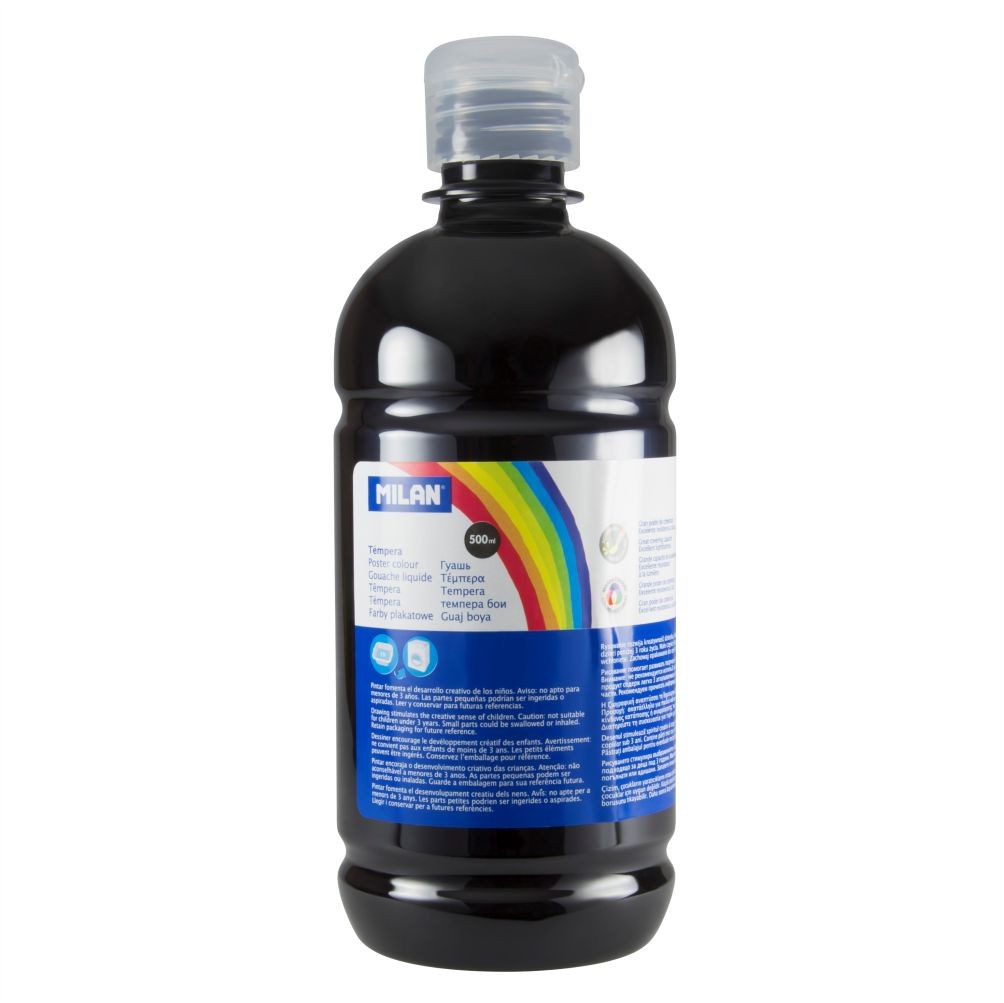 Flacon 500 ml vopsea tempera neagră MILAN pentru contururi, umbre și proiecte artistice școlare de mari dimensiuni
