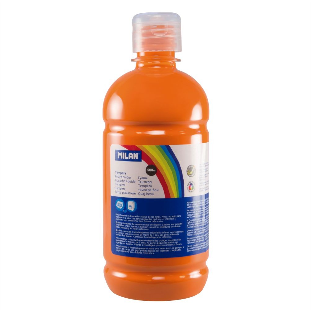 Flacon 500 ml vopsea tempera portocalie MILAN pentru activități artistice, pictură pe carton și proiecte creative vibrante