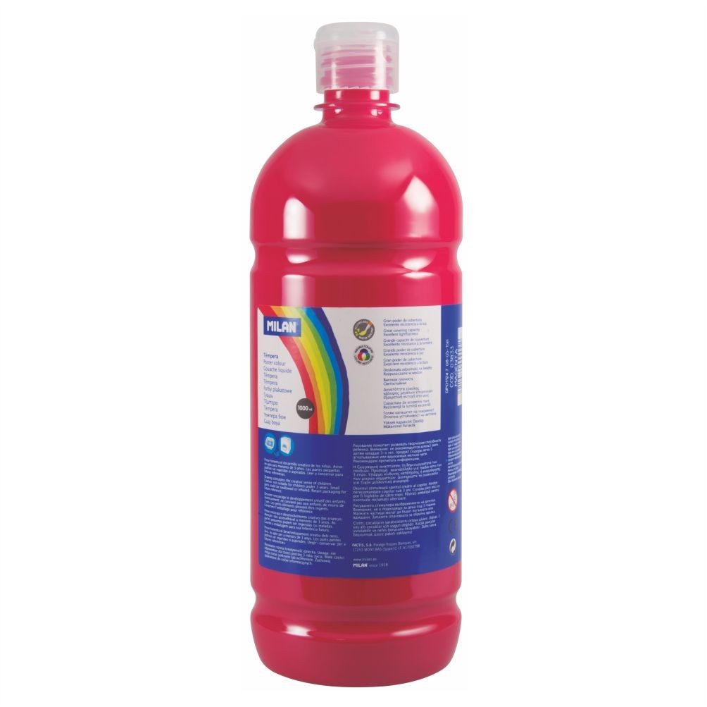 Flacon 1000 ml vopsea tempera roșu vermilion MILAN pentru activități artistice, pictură pe carton și proiecte creative de grup