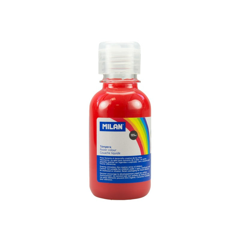 Flacon 125 ml vopsea tempera roșu vermilion MILAN cu capac dozator pentru pictură școlară, detalii și proiecte creative