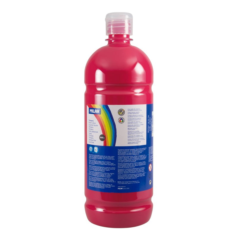 Flacon 1000 ml vopsea tempera roz magenta MILAN cu capac dozator pentru activități artistice și pictură pe carton
