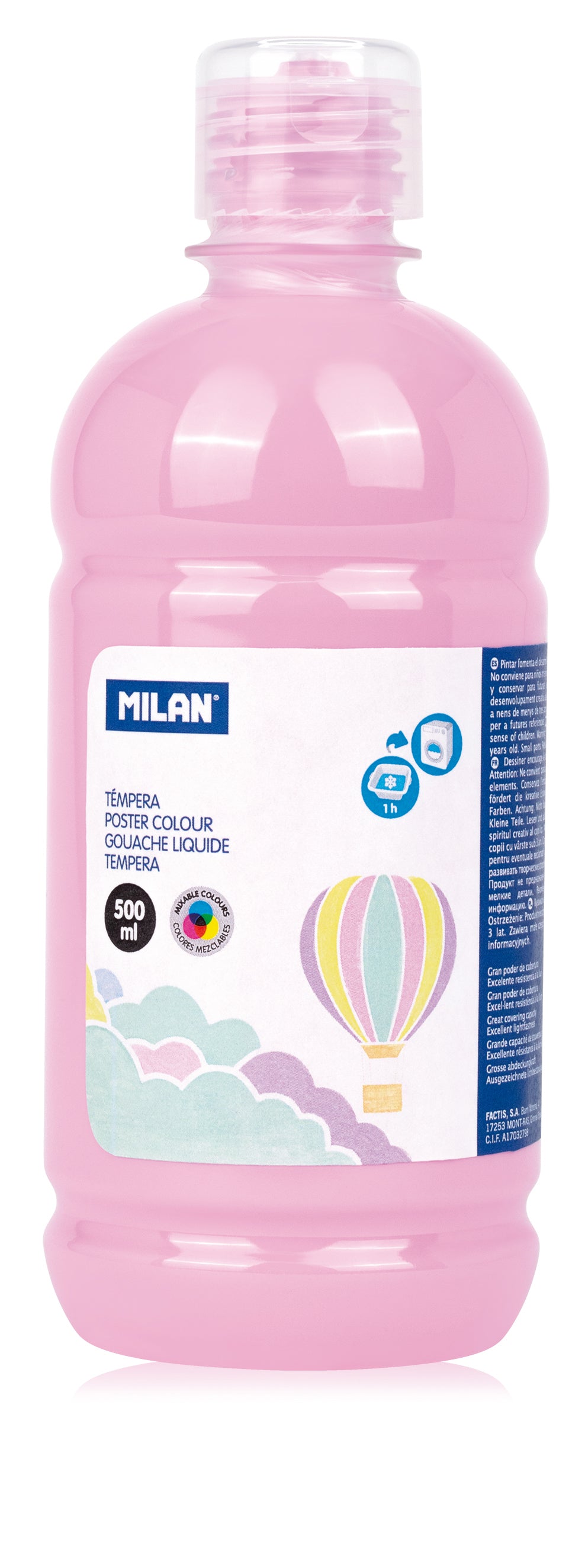 Flacon 500 ml vopsea tempera roz pastel MILAN pentru pictură școlară, activități creative și proiecte pe carton