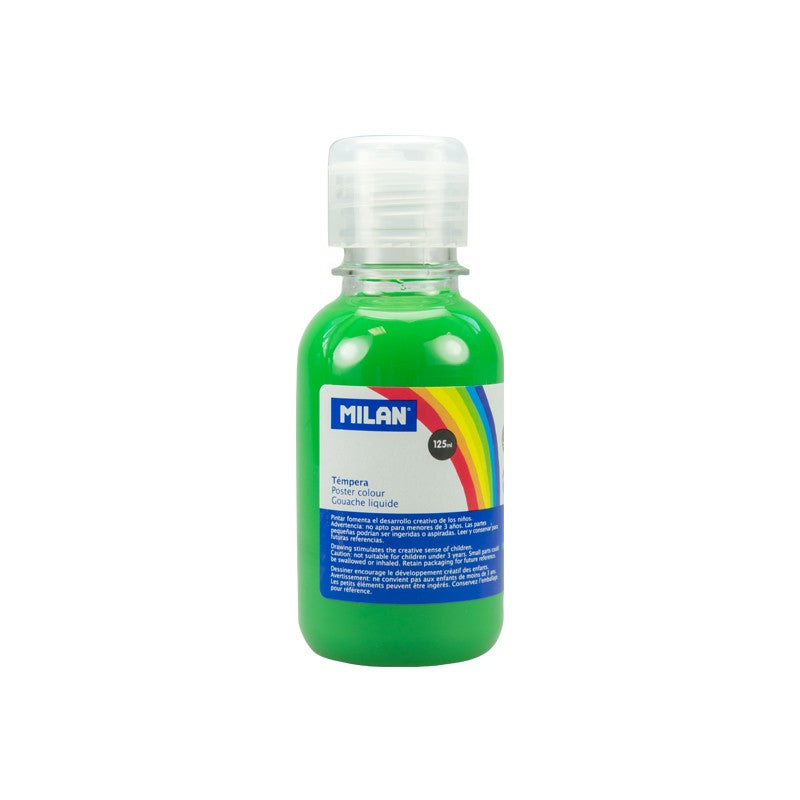 Flacon 125 ml vopsea tempera verde deschis MILAN cu capac dozator pentru pictură școlară, peisaje și proiecte creative