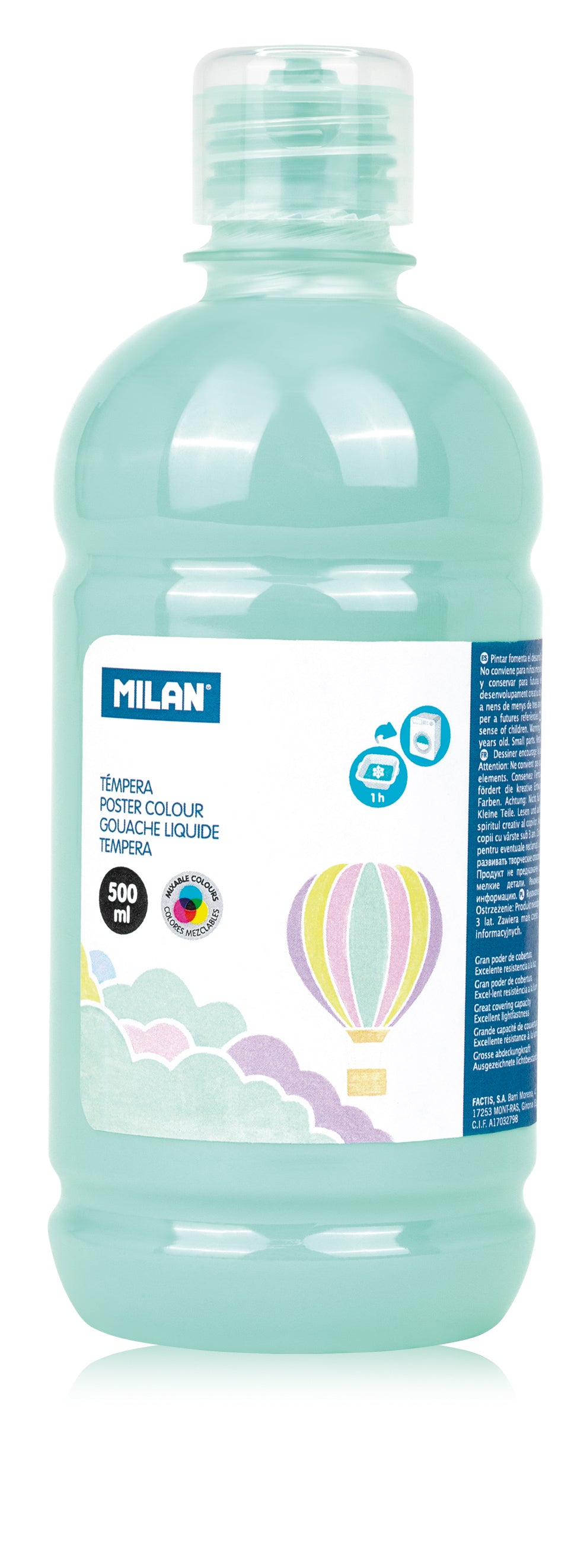 Flacon 500 ml vopsea tempera verde deschis pastel MILAN pentru pictură școlară, proiecte creative pe lemn și ceramică