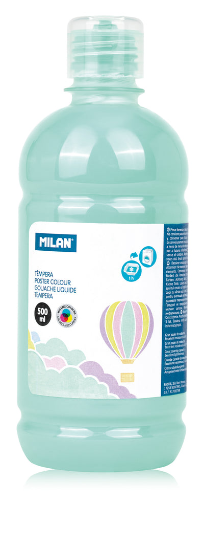 Flacon 500 ml vopsea tempera verde deschis pastel MILAN pentru pictură școlară, proiecte creative pe lemn și ceramică