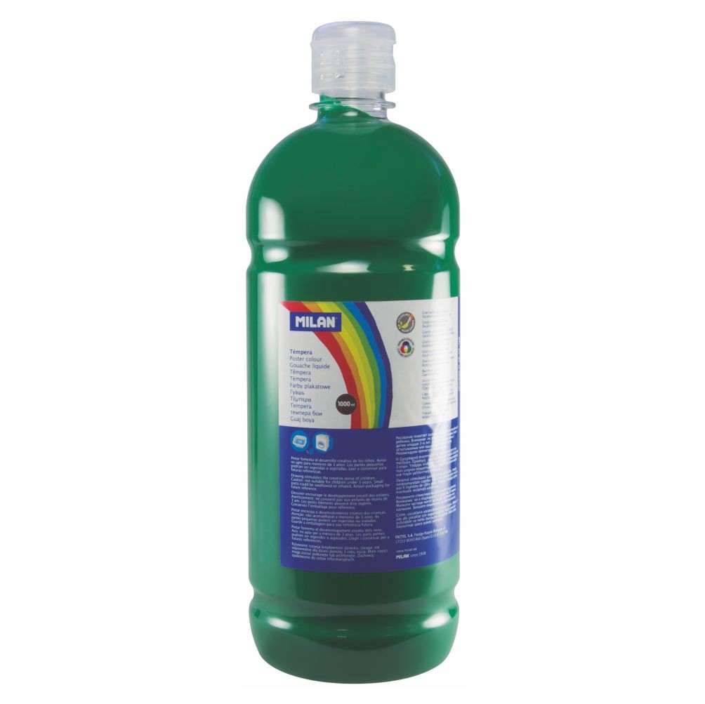 Flacon 1000 ml vopsea tempera verde închis MILAN pentru activități artistice, pictură pe pânză de carton și proiecte școlare
