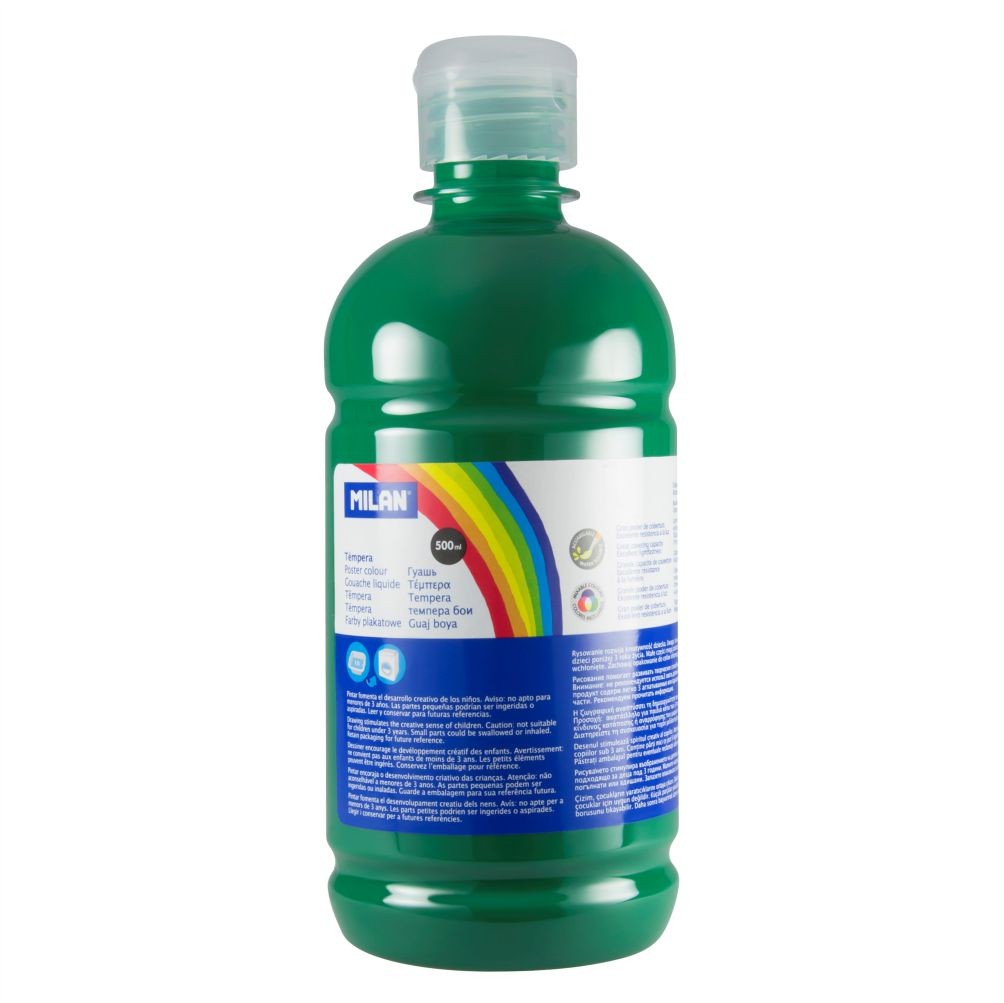 Flacon 500 ml vopsea tempera verde închis MILAN pentru desen, pictură pe carton și activități creative în școli